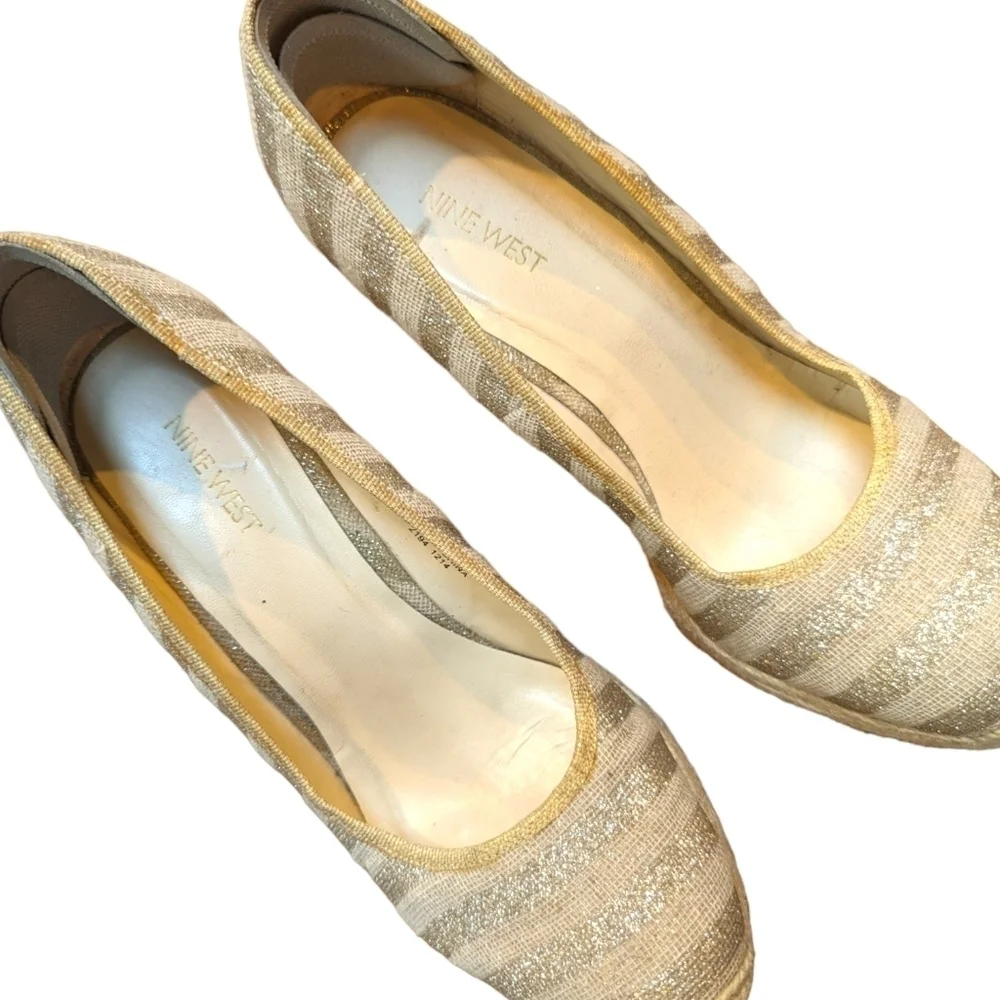 NINE West Cream & Metallic Striped Rope Platform Wedge Slip On Espadrilles (10)